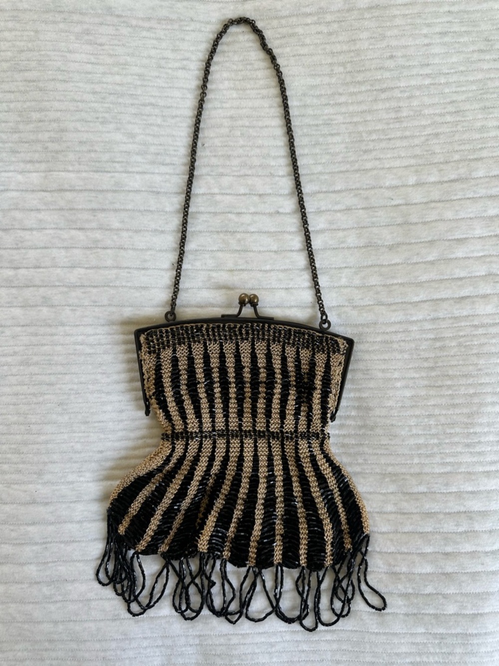 Chico’s Beaded Fringe Evening Bag Black Gold Vintage Style Clutch w/ Chain